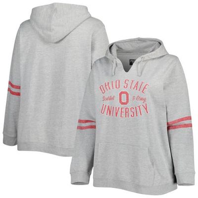 PROFILE Women's Heather Gray/Scarlet Ohio State Buckeyes Plus Size Distressed Sleeve Stripe Pullover Hoodie