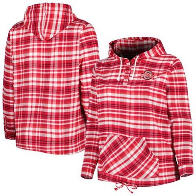 PROFILE Women's Scarlet/Black Ohio State Buckeyes Plus Size Mainstay Plaid Lightweight Henley Hooded Top