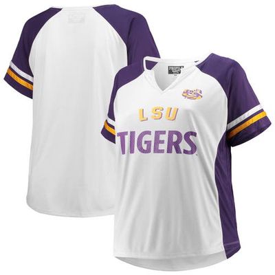 PROFILE Women's White LSU Tigers Plus Size Stripe Raglan Notch Neck T-Shirt