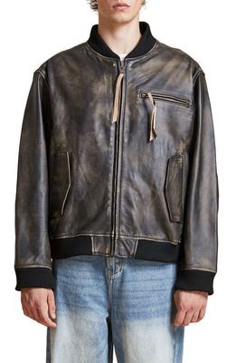 Profound Distressed Leather Bomber Jacket in Black