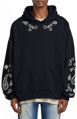 Profound Oversize Embroidered Floral Paisley Pullover Hoodie in Black