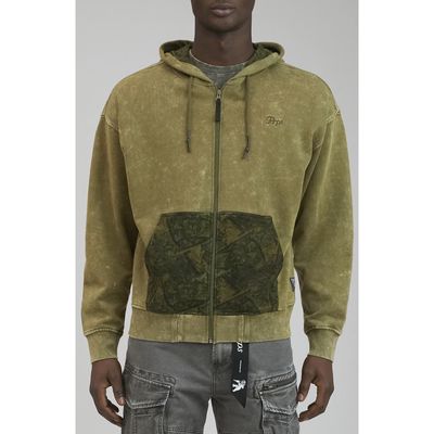 PRPS Redwood Colorblock Camo Cotton Zip-Up Hoodie in Army Green 