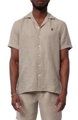 Psycho Bunny Humble Short Sleeve Linen & Cotton Button-Up Camp Shirt in Wet Sand