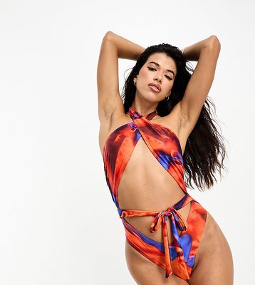 Public Desire cross front cut out swimsuit in abstract print-Multi