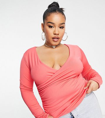 Public Desire Curve double layer slinky long sleeve crop top in coral-Pink