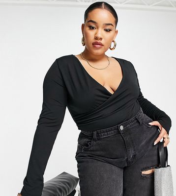 Public Desire Curve double layer slinky plunge bodysuit in black