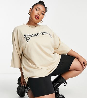 Public Desire Curve oversized graphic t-shirt dress in stone-Neutral