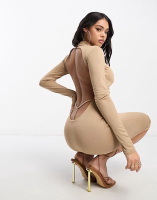 Public Desire double layered slinky backless thong detail midi dress in chestnut-Brown