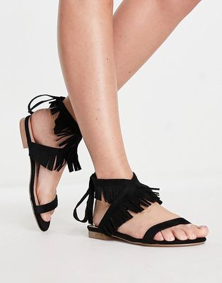 Public Desire Esme fringed lace up sandals in black faux suede