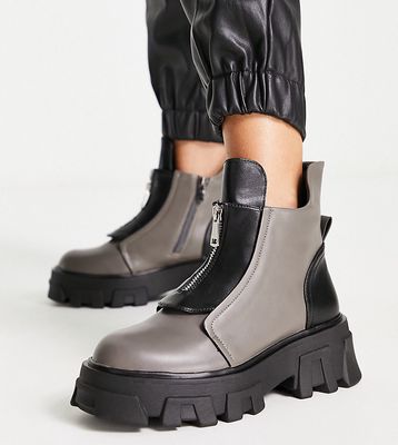 Public Desire Exclusive Wide Fit Astra zip front chunky ankle boots in gray and black