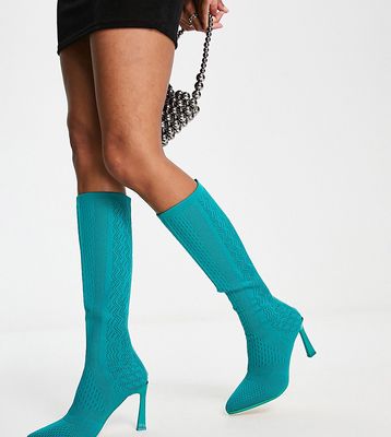 Public Desire Exclusive Wide Fit Ivy knit knee boots in teal-Green