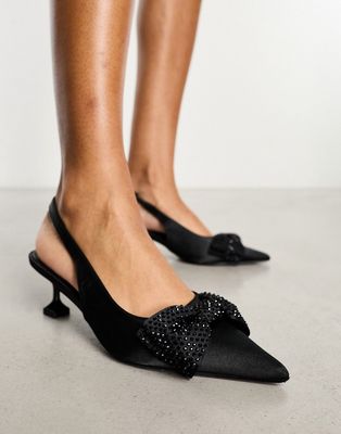 Public Desire Guest List kitten heeled shoes with embellished bow in black