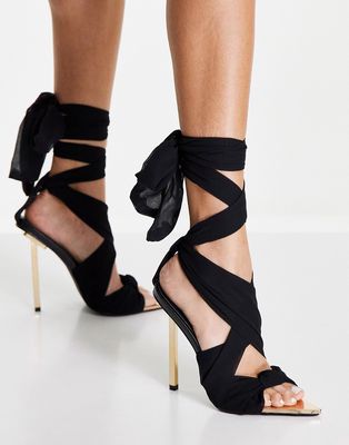 Public Desire Huni ribbon tie up gold stiletto heeled sandals black