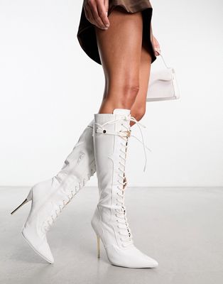 Public Desire Infatuated lace up front knee boots in white