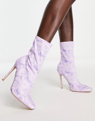 Public Desire Lars high heeled sock boots in purple swirl print