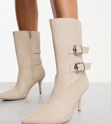 Public Desire Maria buckle heeled ankle boots in ecru-White