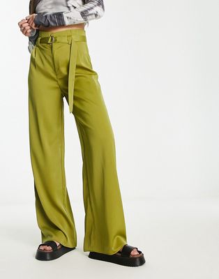 Public Desire paperbag high waist pants in khaki-Green