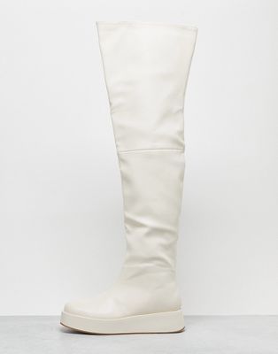 Public Desire Rosie flat over the knee boots in cream-White