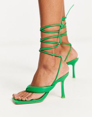 Public Desire square toe tie leg heeled sandals in green
