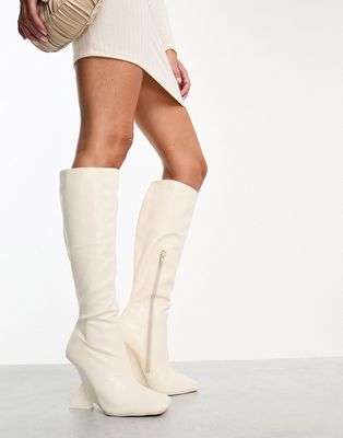 Public Desire Vanessa wedge heel knee boots in ecru-White