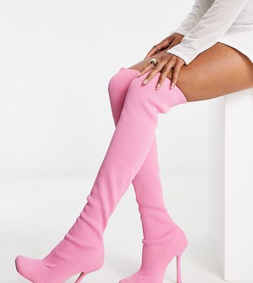 Public Desire Wide Fit Bubbles over the knee knitted stiletto boots in pink