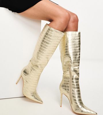 Public Desire Wide Fit Horizon heeled knee boot in gold croc