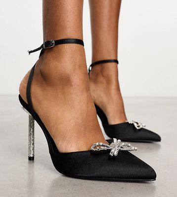 Public Desire Wide Fit Martini embellished bow heeled shoes in black satin
