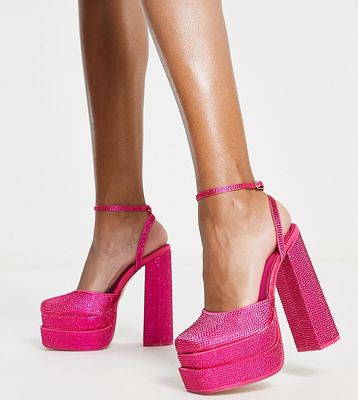 Public Desire Wide Fit Moonchild double platform rhinestone shoes in pink