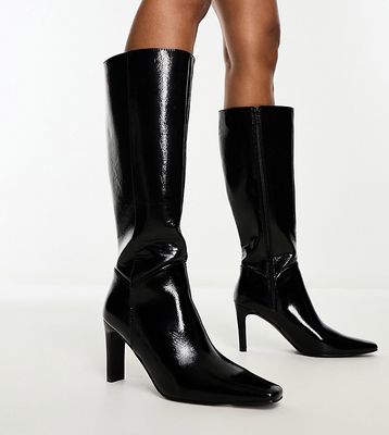 Public Desire Wide Fit Pose heeled knee boots in black textured