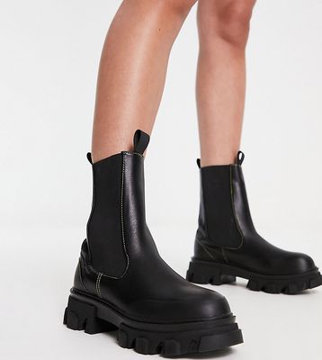 Public Desire Wide Fit Wonder chunky chelsea boots with contrast stitching in black