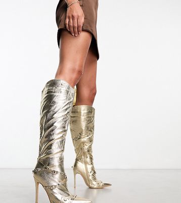 Public Desire Wide Fit Worthy heeled knee boots in gold metallic