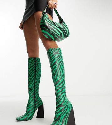 Public Desire x Paris Artiste Exclusive Peggy heeled knee boots in lime zebra print-Green