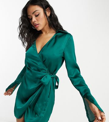 Public Desire x Paris Artiste Exclusive satin wrap shirt dress with split sleeve detail in emerald green