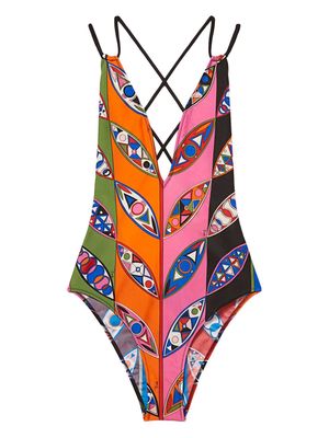 PUCCI abstract print criss-cross back swimsuit - Blue