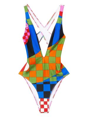 PUCCI check-print V-neck swimsuit - Blue