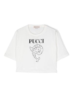 PUCCI Junior logo-print cropped T-shirt - White