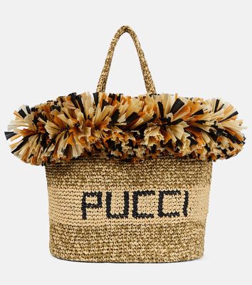 Pucci Logo fringe-trimmed raffia tote bag