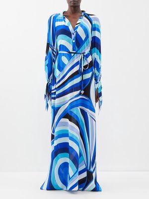 Pucci - Marmo-print Fringe-cuff Kaftan - Womens - Blue Print