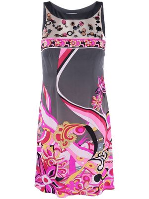 PUCCI Pre-Owned 2000s floral print rhinestone appliquée silk dress - GREY WITH FUCSIA PATTERN