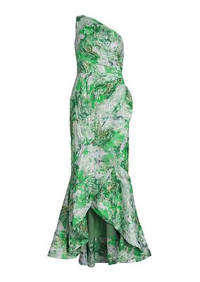 Puckered Jacquard One-Shoulder Column Gown