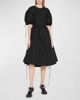 Puff-Sleeve A-Line Dress with Lacing
