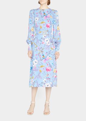 Puff-Sleeve Belted Floral Silk Midi Dress