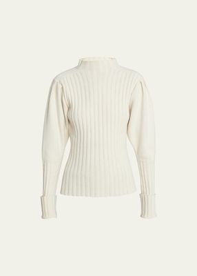 Puff-Sleeve Cashmere Ribbed Sweater