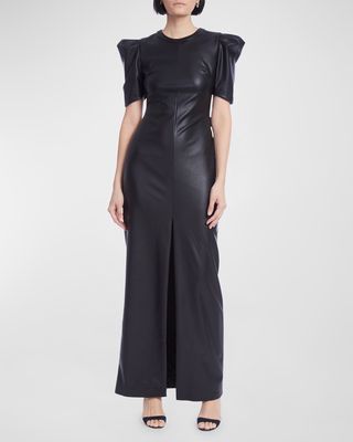 Puff-Sleeve Faux Leather Column Gown