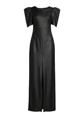 Puff-Sleeve Faux Leather Gown