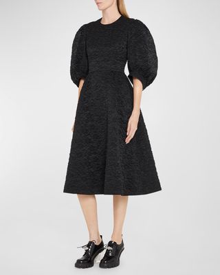 Puff-Sleeve Fitted A-Line Midi Dress