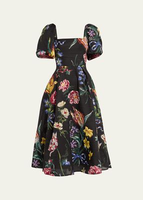 Puff-Sleeve Floral Jacquard Midi Dress