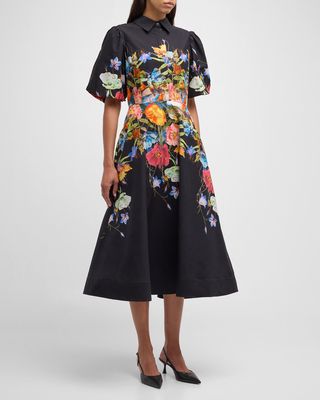 Puff-Sleeve Floral-Print Midi Shirtdress