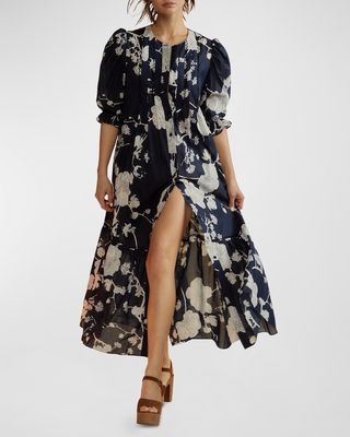 Puff-Sleeve Floral-Print Pintuck Midi Dress