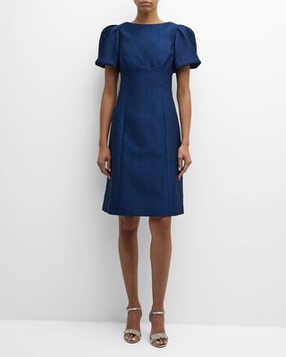 Puff-Sleeve Pebble Jacquard Midi Dress